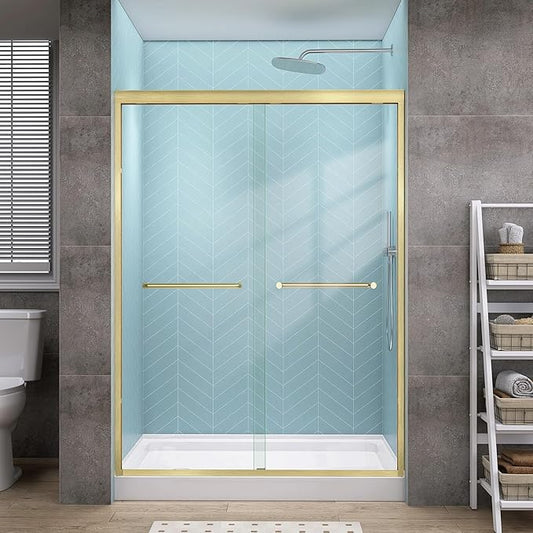 GETPRO Sliding Shower Door 50-54 in. W x 72 in. H Semi-Frameless Bypasss Double Sliding Glass Shower Enclosure,1/4 inch Clear Tempered Glass Door for Walk-in Shower Brushed Gold
