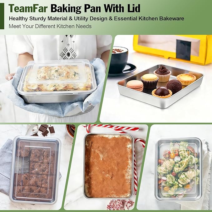 TeamFar Rectangular Cake Pans with Lids, 9.3’’ x 7’’ x 1.9’’ Stainless Steel Lasagna Brownie Pan For Roasting Baking, Healthy & Solid, Brushed Surface & Dishwasher Safe, (2 Pans+2 Lids)