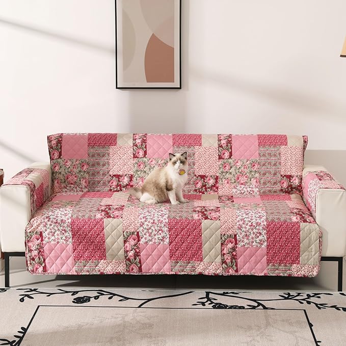 Skidproof Sofa Cover-Patchwork Sofa Slipcover with Elastic Straps-Easy Fit Slip Cover-Washable Furniture Protector for Pets and Kids(Sofa,Hot Pink)