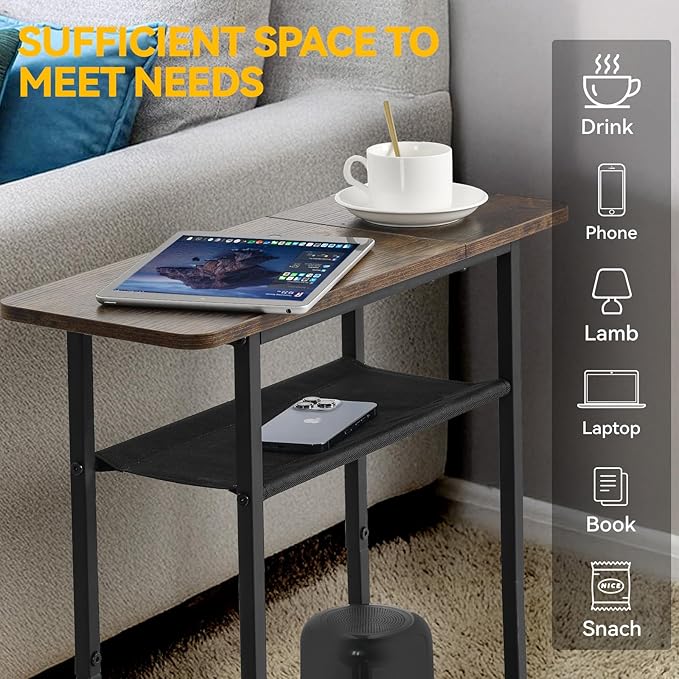 3-Tier Side Table Set of 2 for Living Room, Narrow End Table for Small Spaces with Wide Storage Top, Rustic Brown Skinny Nightstand for Bedroom, Sofa, Couch