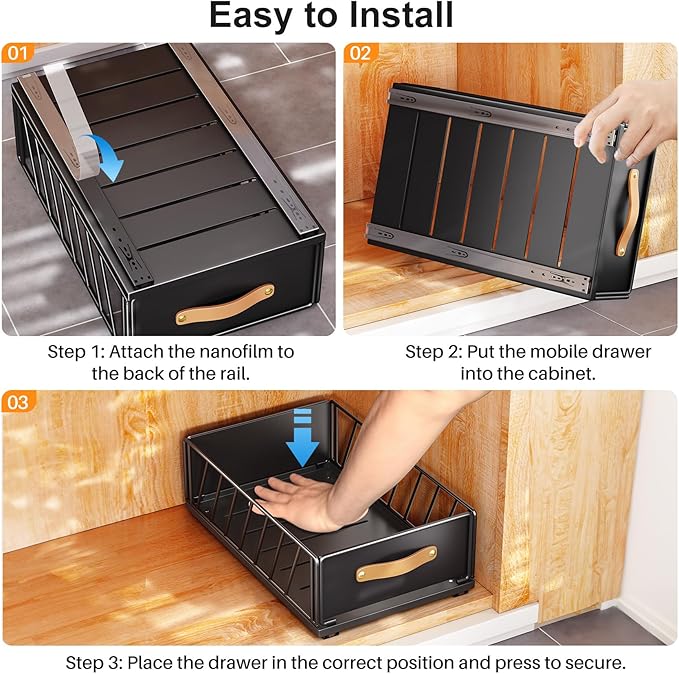 Pull out Cabinet Organizer, Fixed with Adhesive Nano Film,Heavy Duty Slide out Pantry Shelves Drawer Storage,Sliding Mesh Basket with Handle for Kitchen, Bathroom,Home, 13.8"W X15.7"D X6.2"H(Black)
