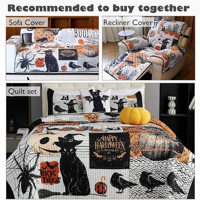 Cmfshape Halloween Skidproof Sofa Cover-Festival Sofa Slipcover with Elastic Straps-Easy Fit Slip Cover-Patchwork Washable Furniture Protector for Pets and Kids(Recliner,Black&Orange)