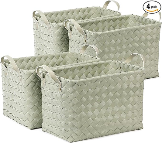BROWNLILY Handwoven Clothes Basket Laundry Hampers Large Wicker Storage Baskets for Shelves Blankets Closet Storage Bins Car Bedroom Bathroom Organizers and Storage Bath (Pack of 4, Green)