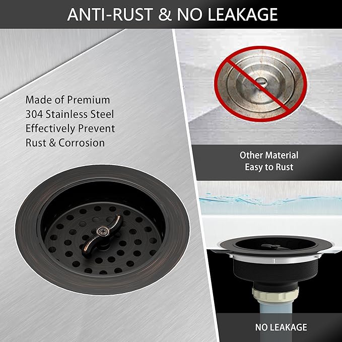 Kitchen Sink Drain Assembly 3-1/2 Inch Bronze Stainless Steel Kitchen Drain with T-Shaped Sink Strainer Basket and Drain Stopper for Standard Kitchen Sink Oil Rubbed Bronze
