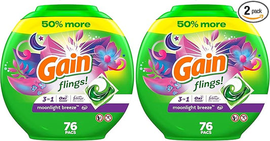 Gain Laundry Detergent Pacs, Moonlight Breeze | HE Compatible | Long Lasting Scent | 76 Count | Pack of 2