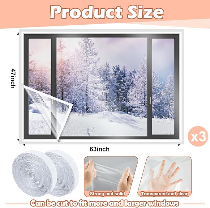 3 Sets 47 x 63 Inch Window Insulation Kit Cuttable Transparent Film with Adhesive Straps Reusable Window Plastic for Patio Winterizing Thicken Warm Winter Waterproof Attic Insulation Cover