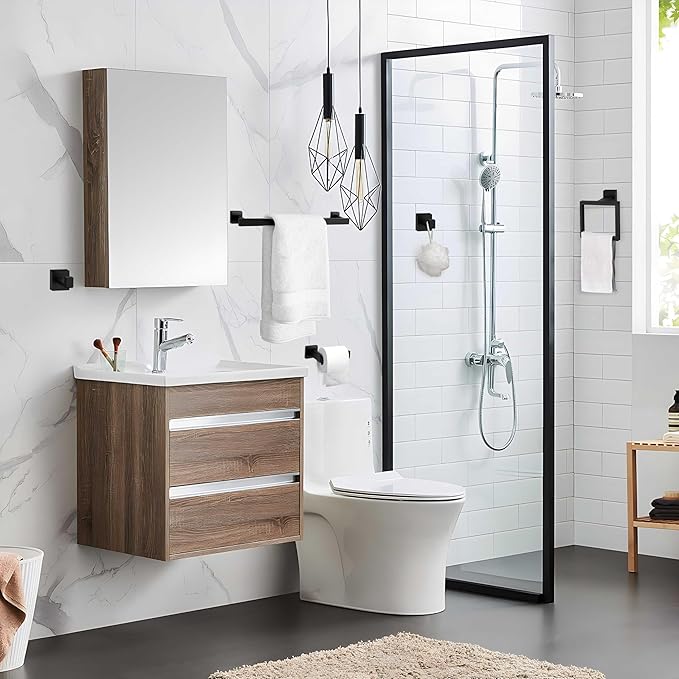 Herogo 5 Pieces Bathroom Accessories Set, 23.5 Inch Matte Black Bathroom Hardware Set, Including Toilet Paper Holder, Hand Towel Holder, Hooks & Ring, Bath Towel Racks Bars Wall Mount