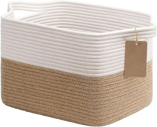 Goodpick Woven Storage Basket for Shelves, Medium Empty Gift Basket with Handles, Square Wicker Dog Toy Baskets, White and Jute Storage Bin, 13 x 10 x 9 Inches