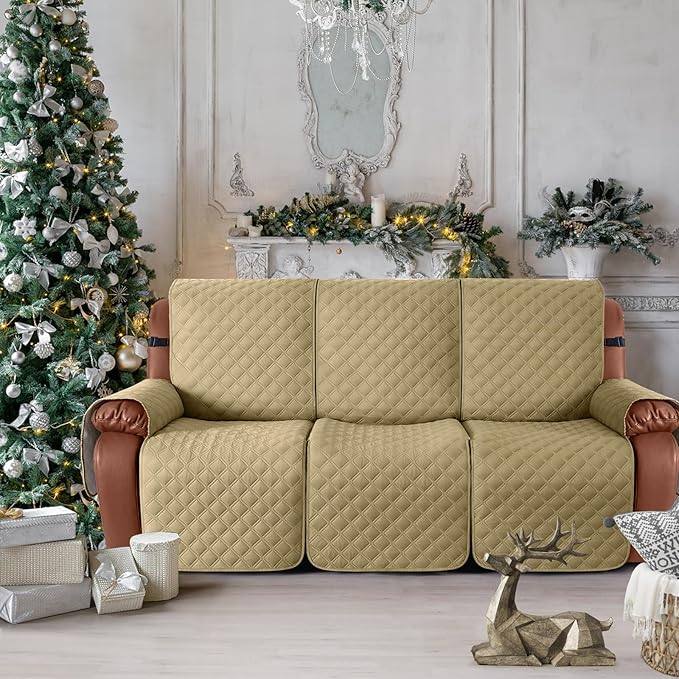 Ruaozz Waterproof Recliner Sofa Covers, 1-Piece Couch Covers for Reclining Couches Reclining Couch Cover Washable Furniture Protector with Elastic Straps Pocket for Kids Pets (Sand, 3 Seater)