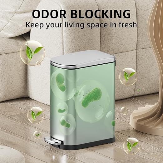 2.6 Gal Bathroom Trash Can with Soft Close Stay Open Lid, Small Rectangular 10L Stainless Steel Waste bin for Narrow Space, Waterproof, Odor Protection, Gold