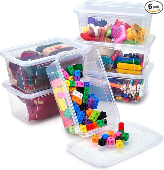 GAMENOTE 6 Quart Storage Bins with Lids,6 Pack Transparent Plastic Latching Box for Classroom & Kids Toy Storage Clear Stackable Shoe Box Size Containers for STEM Morning Tubs, Crafts&Building Blocks
