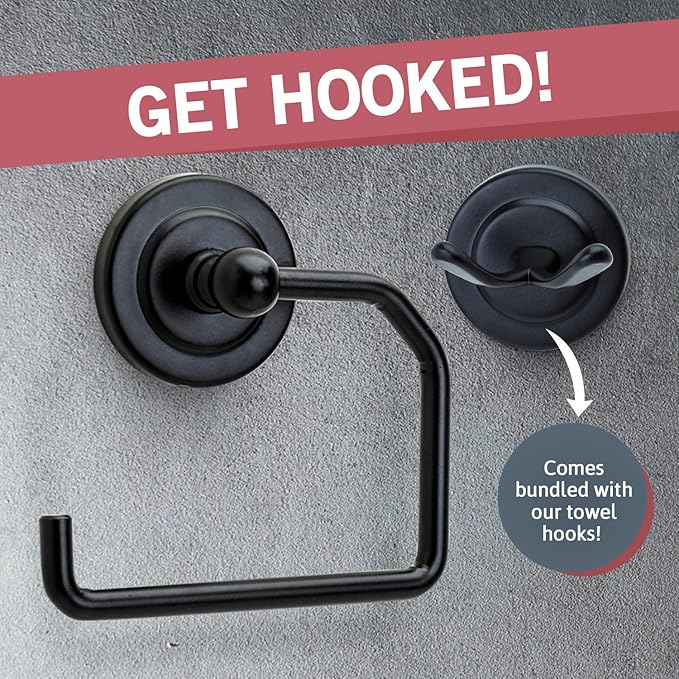 Jack N’ Drill 1 Pack Toilet Paper Holder with Free Wall Mounted Multipurpose Coat Hook for Towels, Bathroom Accessories and Decor, Classy and Modern Black Finish for All Bathroom Styles