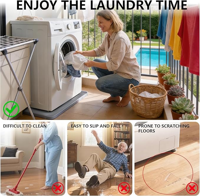 27×27×0.79inch Washing Machine Pan, With Raised Edge Washer Drip Tray, Drain Pan Silicone Mat, Foldable Portable Anti-Vibration Non-Slip Waterproof Pad, Textured Surface (Grey)