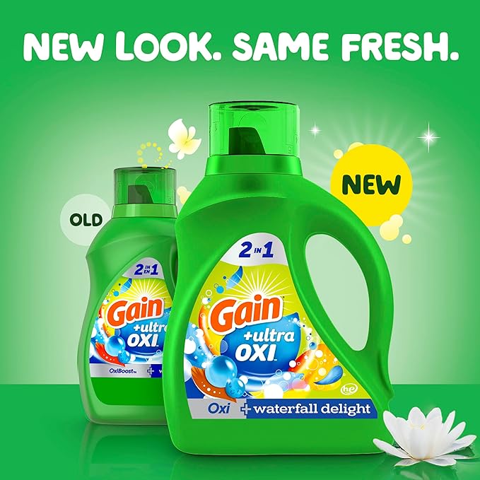 Gain Ultra Oxi Liquid Laundry Detergent, Waterfall Delight Scent, 194 fl oz, 134 Loads, Freshness + Odor Fighting, High Efficiency Washing Machine Liquid Cleaning Soap