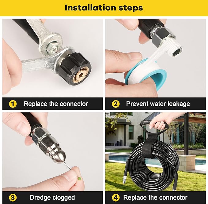 Pressure Washer Drain Jetter – Sewer Jetter Kit for Pressure Washer 50ft 1/4 Inch NPT Hose Nozzles and Adapter 5800PSI Clears Clogs in Pipes & Sewer Lines