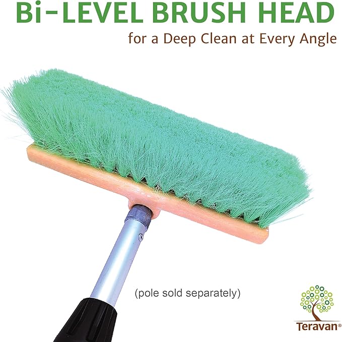 Teravan 10" Flow-Thru Bi-Level Wide Soft Bristle Scrub Brush-Car wash Brush-Suitable for Truck, RV, Van, Window, Deck, Solar Panel, and Patio Cleaning-Green