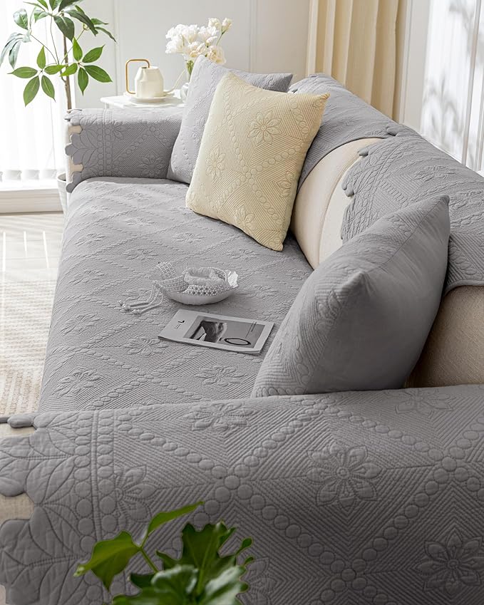 Cotton Quilted Dog Couch Cover for Sofa Farmhouse Rustic Embroidery Sectional Couch Cover Soft Anti-Slip Sofa Slipcover Furniture Protector for Kids, Pets (Grey,43"x63")
