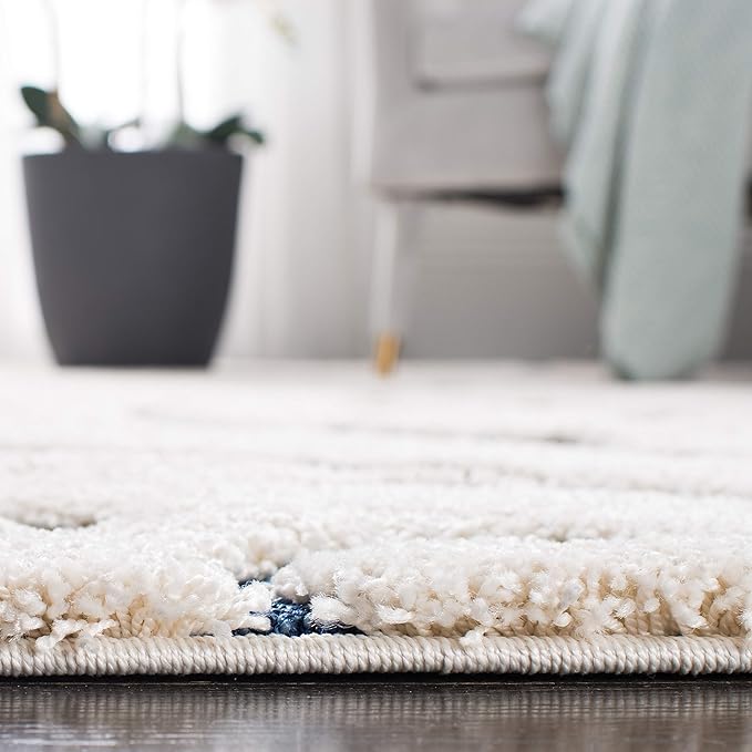 SAFAVIEH Florida Shag Collection Area Rug - 11' Round, Cream & Blue, Scroll Design, Non-Shedding & Easy to Clean, High-Low Plush Pile, Ideal for Living Room, Bedroom, Dining Space (SG455-1165)