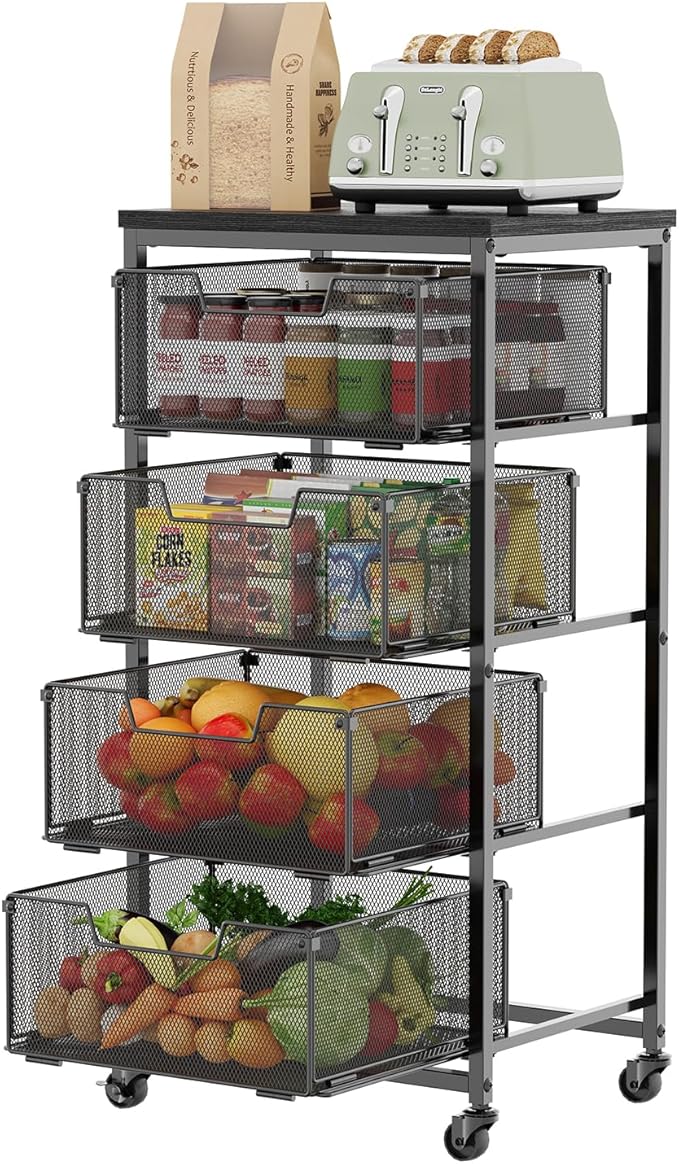4-Tier Fruit Vegetable Storage Cart with Wheels, Wooden Top, Metal Wire Pull-Out Baskets for Kitchen Pantry, Cans and Snacks Organizer