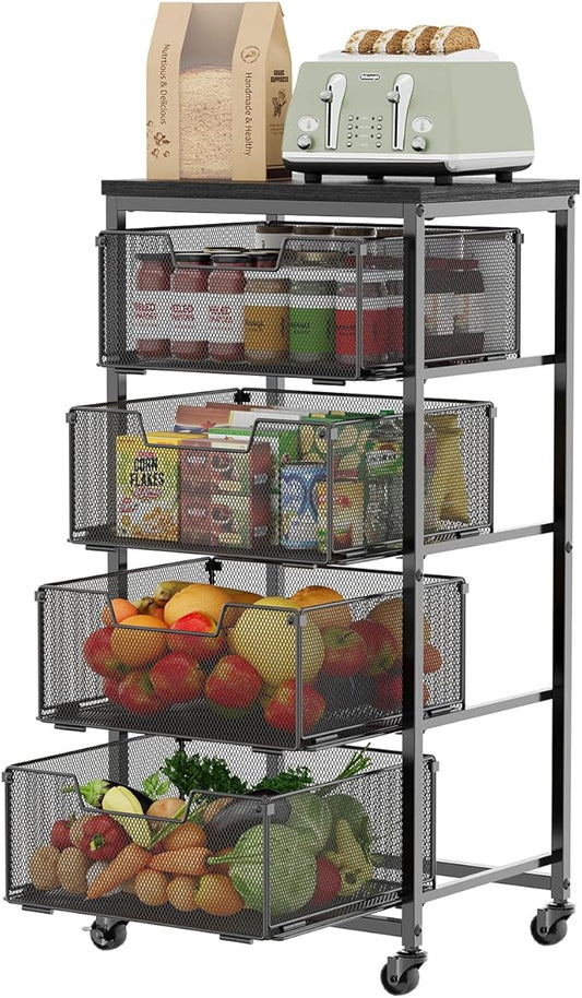 4-Tier Fruit Vegetable Storage Cart with Wheels, Wooden Top, Metal Wire Pull-Out Baskets for Kitchen Pantry, Cans and Snacks Organizer