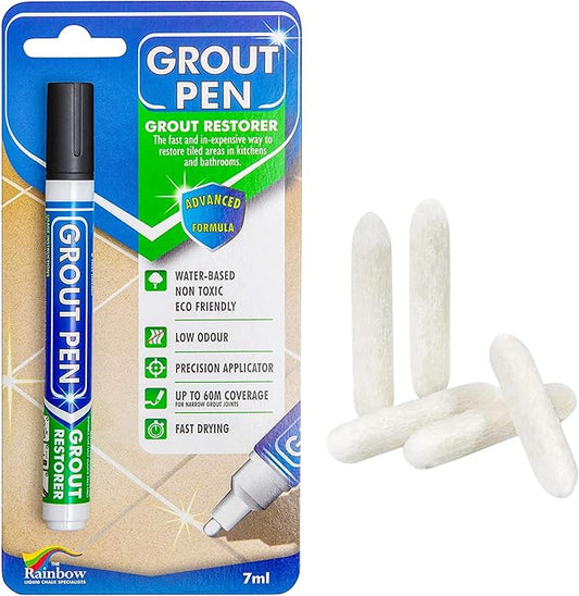 Grout Pen Tile Paint Marker: Black Narrow 5mm with 5 Pack Replacement Tips - Waterproof Grout Colorant and Sealer Pen to Renew, Repair, and Refresh Tile Grout - Cleaner Coating Stain Pens