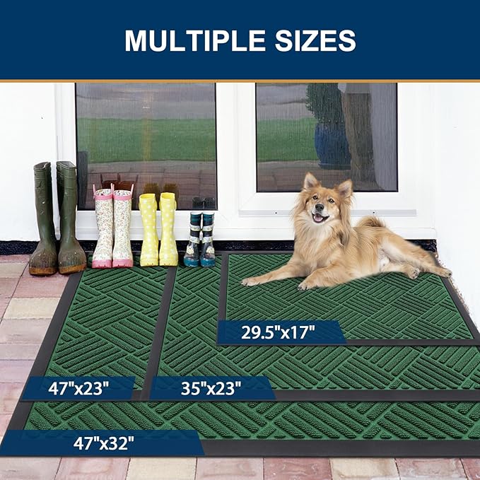 Smiry Front Door Mat Outside Entrance, Heavy Duty Outdoor Indoor Natural Rubber Doormat, Non Slip, Trap Dirt and Moisture, Easy Clean, Low Profile Patio Porch Entryway Mat, 47x23, Green