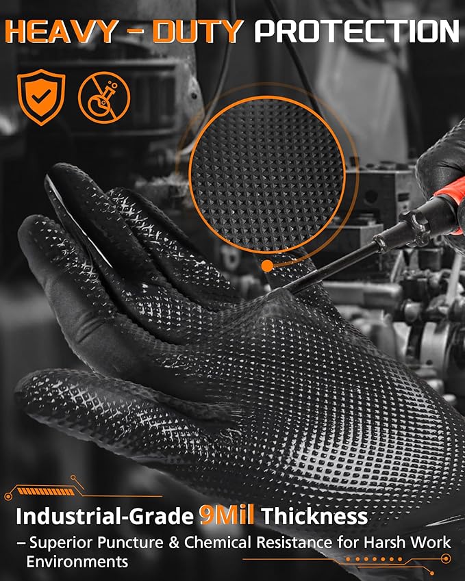 wcy Anboson 9 Mil Latex Free Disposable Nitrile Gloves - Black, M, 30PCS (Diamond Grip for Mechanics/Automotive/Industrial/Garden Rubber Gloves for Men, Touchscreen Compatible)