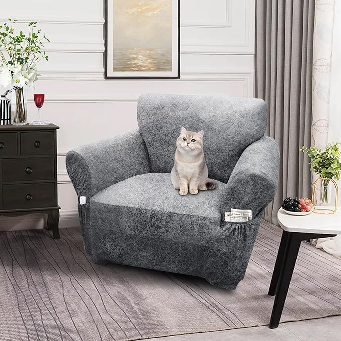 Single Sofa Cover Leather Look Chair Covers for Living Room 1-Piece Sofa Chair Covers with Arms Stretch Furniture Protector with Elastic Bottom & Pockets(Armchair, Light Grey)