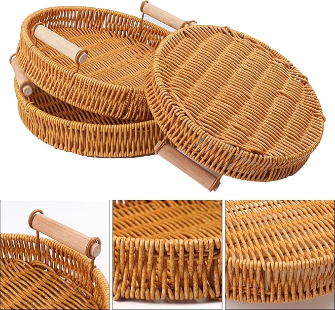 4 Pack 8.9 inch Round Rattan Tray, Round Woven Serving Basket with Handles, Storage Rattan Serving Trays for Home, Restaurant & Hotel Use, Durable & Easy-Cleaning