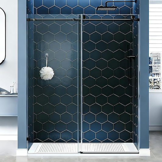 Frameless Shower Door, 44-48" W x 76" H 8mm Single Sliding Shower Door with 5/16" Clear Tempered Glass, Bathroom Glass Door for Walk-in Shower, Black