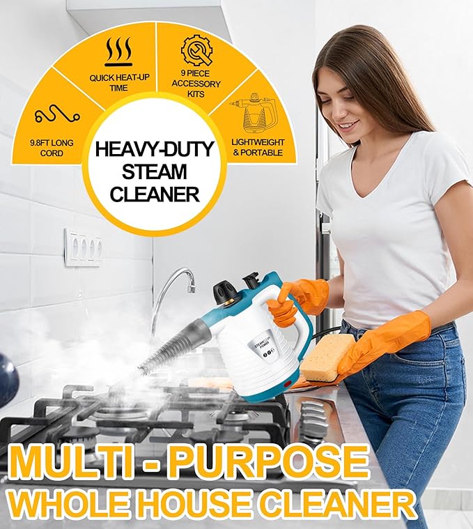 Handheld Steam Cleaner with 9 Accessories, Pressurized Handheld Multi-Surface Natural Steam Cleaner for Home, Multi-Purpose Portable Steamer for Cleaning Floor, Upholstery, Grout and Car