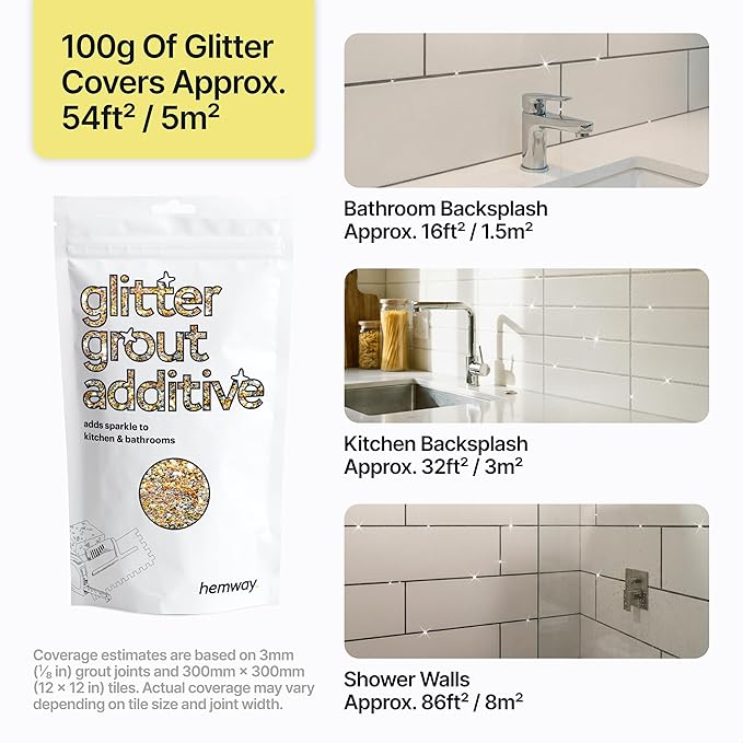Hemway Gold Silver Glitter Grout Additive 100g Metallic Flakes for Adding Sparkle to Kitchen & Bathroom Tiles | Enhance Your Indoor Grouting Projects with a Durable Sparkly Effect