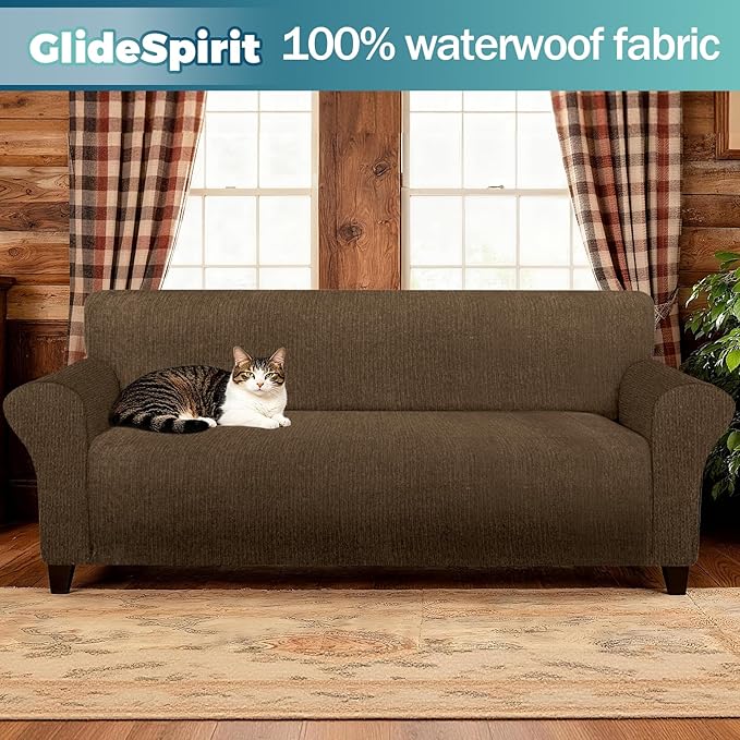 Waterproof Stretch Spandex Loveseat Couch Cover - Non-Slip Soft Sofa Slipcover with Elastic Bottom, Washable Leakproof Furniture Protector for Kids, Pets, Dogs & Cats (Loveseat, Chocolate)