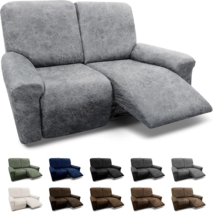 Loveseat Covers 6-Pieces Loveseat Recliner Cover 2 Seater Cover for Reclining Loveseat Cover Leather Look Recliner Slipcover with Pocket Spandex Furniture Covers(Recliner Loveseat, Light Grey)