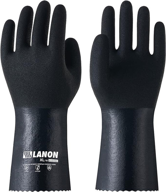 LANON 3 Pairs Nitrile Chemical Resistant Gloves, Reusable Heavy-Duty Rubber Gloves with MicroFoam Textured Palm, Acid, Alkali and Oil Protection, Black, Large