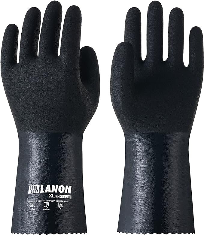 LANON 3 Pairs Nitrile Chemical Resistant Gloves, Reusable Heavy-Duty Rubber Gloves with MicroFoam Textured Palm, Acid, Alkali and Oil Protection, Black, XL