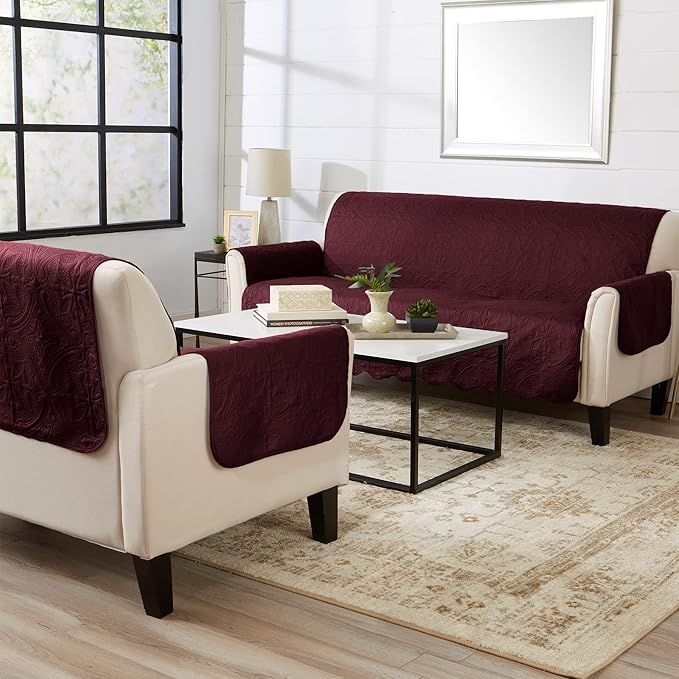 Great Bay Home Reversible Sofa Cover - Washable Slipcover Furniture Protector with Elastic Straps - Couch Cover for Dogs, Kids, and Pets - Quilted & Stitched Detail (Sofa, Wine/Light Grey)
