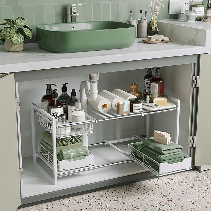 Under Sink Organizers and Storage,Kitchen Cabinet Organizer,2 Tier Under Sink Expandable Shelves，Bathroom Cabinet Organizer with Pull Out Drawers,(30.9-31.64)" W x 14.69" D x 15.83" H,White