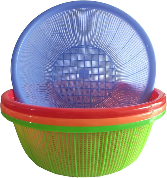 4 Pcs Large Plastic Wash Basket Round Perforated Colander Wash Vegetables and Fruits Drain Cooked Pasta Kitchen Essentials Food Strainer Basket Strainer Kitchen Blue Green Red Orange color