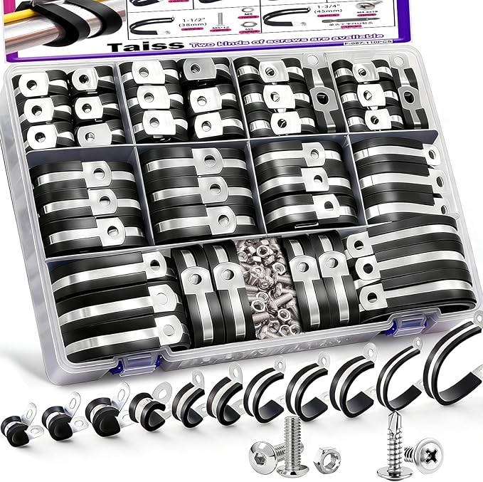 Taiss 270PCS Cable Clamps Assortment Kit,304 Stainless Steel Rubber Cushion Insulated Wire Pipe Clamps,10 Sizes 1/4" 5/16" 3/8" 1/2" 5/8" 3/4" 1" 1-1/4" 1-1/2" 1-3/4" Loop Clamps With screws