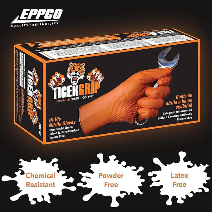 EPPCO TigerGrip 8-Mil Nitrile Glove Disposable Powder, Latex Free Textured Superior Grip Orange Gloves, Small, Box of 100