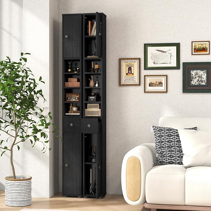 71" Tall Narrow Bathroom Storage Cabinet, Modern Skinny Toilet Paper Storage Organizer w/1 Drawer, 2 Doors & 5 Adjustable Shelves, Slim Tower Floor Cabinets for Small Spaces
