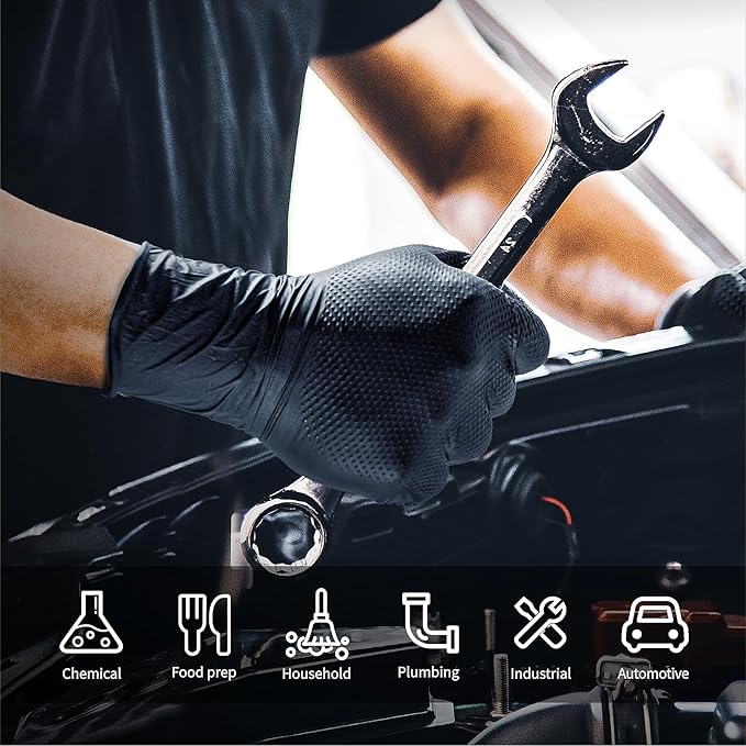 Black 10 Mil Nitrile Gloves, Diamond Textured Grip, Extra Thick Heavy Duty Disposable, Latex-Free, Tear & Chemical Resistant, Multipurpose Gloves for Kitchen, Cleaning, Medium
