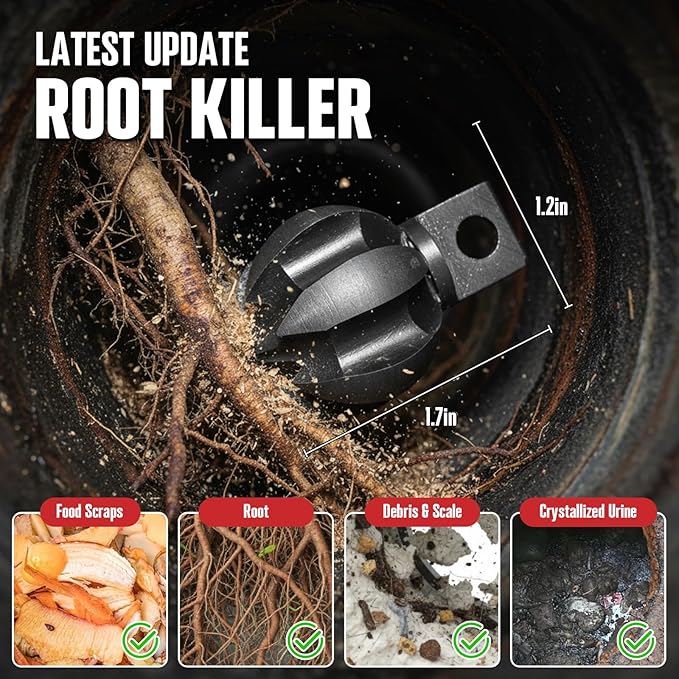 POPULO 75 ft x 1/2 inch Upgraded Electric Sewer Drain Snake Auger with 8 Cutters and 1 Root Killer, for 2-4 inch Pipes, Auto Feed Plumbing Drain Cleaner Machine, PEDC-75 Generation Two