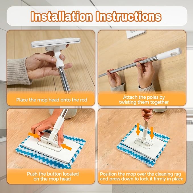 Mini Mop, Zero Touch No Wash Lazy Mop with One-Click Cloth Change, Compatible with Face Towels, Adjustable for Wet/Dry Floors, Tile, Hardwood, Corners (10 Reusable Cloths)