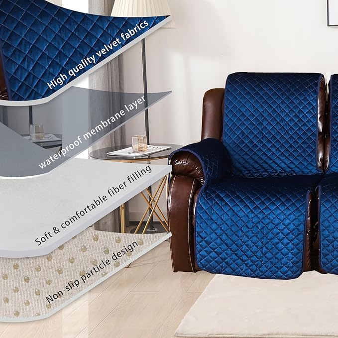 LUFEIJIASHI Non Slip Recliner Couch Covers for 2 Cushion Couch Sofa Reclining, Waterproof Recliner Sofa Covers 2 Seat, Velvet Reclining Couch Covers for Furniture Protector for Dogs Pets Navy Blue