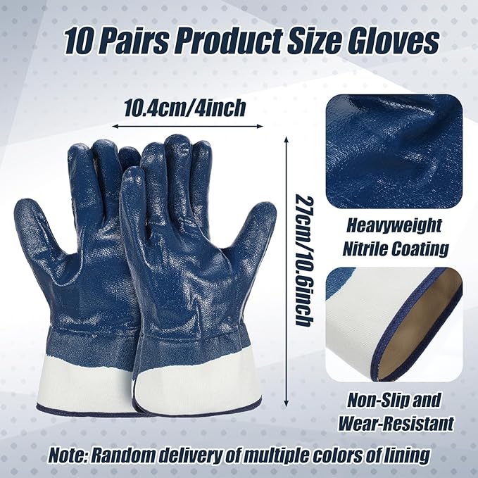 10 Pairs Oil Resistant Gloves,Nitrile Heavyweight Fully Coated Safety Work Gas Gloves for Gasoline Pump, Acid Alkali Resistance, Chemical Resistant, for Men & Women Truck Drivers and Oil Hauler