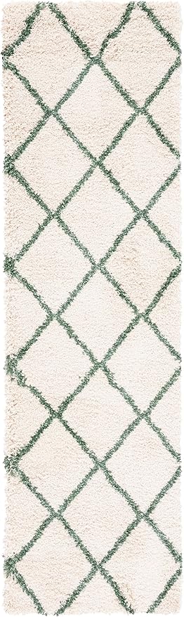 SAFAVIEH Hudson Shag Collection Runner Rug - 2'3" x 8', Ivory & Green, Modern Trellis Design, Non-Shedding & Easy Care, 2-inch Thick Ideal for High Traffic Areas in Living Room, Bedroom (SGH281X)