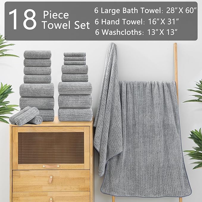 Ycosy 18 Piece Bath Towels Set,100% Microfiber Family Bathroom Towel with Hanging Loops-6 Bath Towels,6 Hand Towels,6 Washcloths,Quick Dry Highly Absorbent Shower Towel for Bathroom,Hotel,Spa-Grey