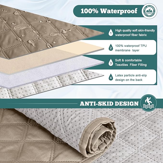 Ruaozz Waterproof Recliner Sofa Covers, 1-Piece Reclining Couch Covers Non-Slip Sofa Slipcover Washable Furniture Protector with Elastic Straps Pocket for Kids Pets (Khaki, 2 Seater)
